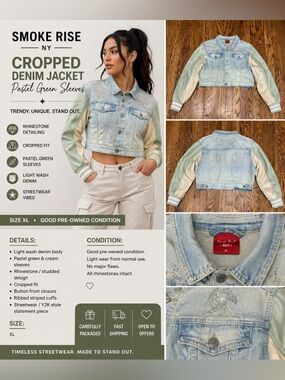 Smoke Rise Cropped Denim Jacket XL Light Wash Rhinestone Studded Streetwear